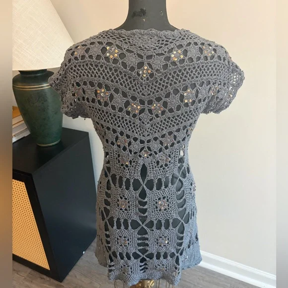 Boston Proper Blue/Gray Sequin Crochet Longline Cardigan (S) Fairy Grunge FLAWS - Picture 6 of 17